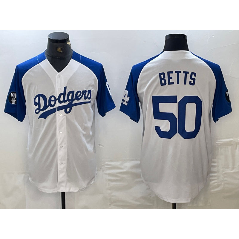 Los Angeles Dodgers #50 Mookie Betts White Blue MWATKINS Fashion Stitched Cool Base Limited Jerseys