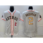 Houston Astros #2 Alex Bregman Number 2023 White Gold MWATKINS World Serise Champions Patch Flex Base Stitched Jersey 2