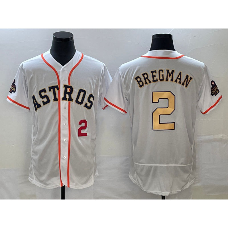 Houston Astros #2 Alex Bregman Number 2023 White Gold MWATKINS World Serise Champions Patch Flex Base Stitched Jersey 2