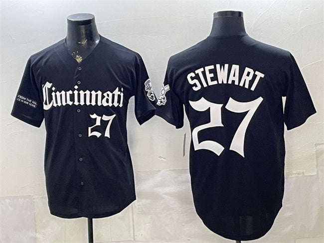 Cincinnati Reds #27 Sal Stewart Black MWATKINS 'Gothic Queen City Edition' Vapor Premier Limited Stitched Jersey