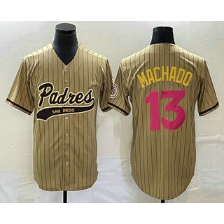 San Diego Padres #13 Manny Machado Tan MWATKINS Pinstripe 2023 City Connect Cool Base Stitched Jersey 2