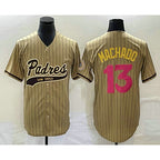 San Diego Padres #13 Manny Machado Tan MWATKINS Pinstripe 2023 City Connect Cool Base Stitched Jersey 2