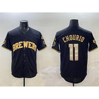 Milwaukee Brewers #11 Jackson Chourio Black Gold MWATKINS With Home Patch Limited Stitched Jersey