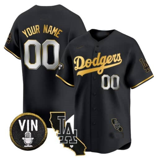 Custom Los Angeles Dodgers Vin & California Patch Gold Trim Vapor Premier Limited Jersey ¨C All Stitched-Black MWATKINS