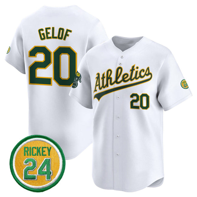 Oakland Athletics #20 Zack Gelof White MWATKINS 2024 Home Limited With Rickey Henderson Patch Stitched Jersey