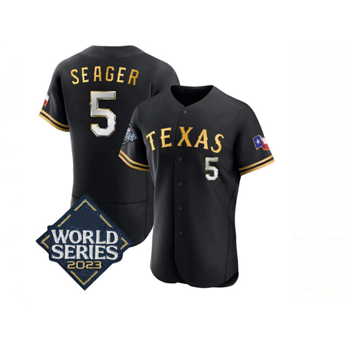 Texas Rangers #5 Corey Seager Black Gold MWATKINS 2023 World Series Flex Base Stitched Jersey