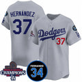Los Angeles Dodgers #37 Teoscar Hernandez Gray MWATKINS 2024 World Series Champions With Fernando Memorial Patch Vapor Premier Limited Stitched Jersey