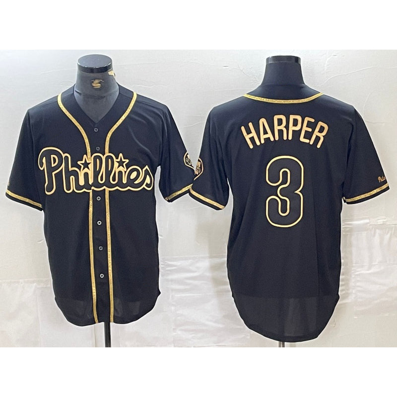 Philadelphia Phillies #3 Bryce Harper Black Gold MWATKINS Cool Base Stitched Jersey