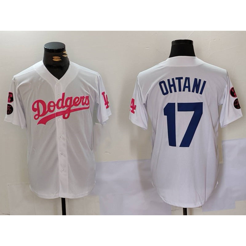 Los Angeles Dodgers #17 Shohei Ohtani White Pink MWATKINS Vin & Kobe Patch Stitched Jersey 2