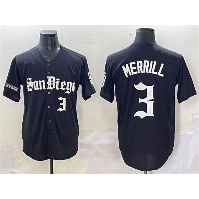 San Diego Padres #3 Jackson Merrill Black MWATKINS Gothic Edition Vapor Limited Stitched Jersey