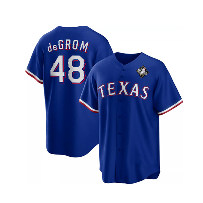 Texas Rangers #48 Jacob DeGrom Royal MWATKINS 2023 World Series Cool Base Stitched Jersey