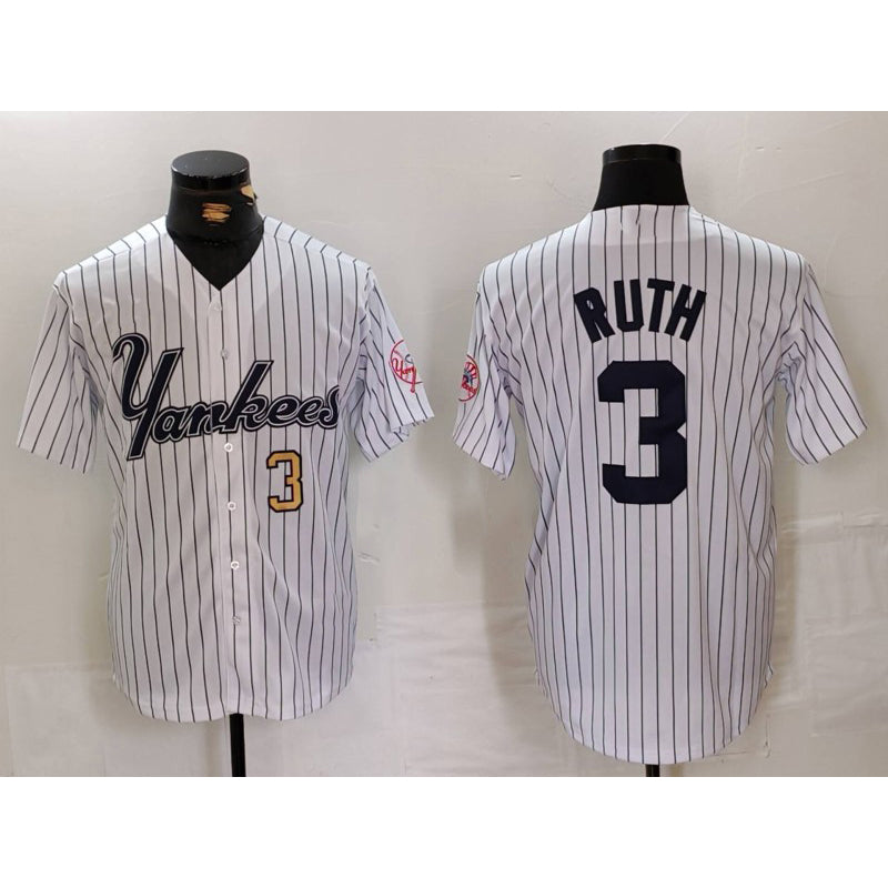 New York Yankees #3 Babe Ruth White MWATKINS Pinstripe Fashion Cool Base Jerseys 2