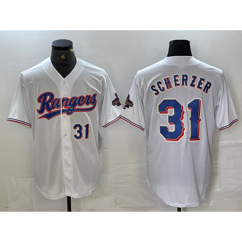Texas Rangers #31 Max Scherzer Number White MWATKINS 2023 World Series Champions Cool Base Jerseys