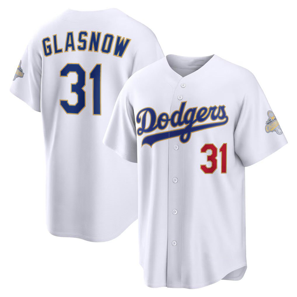 Los Angeles Dodgers #31 Tyler Glasnow White MWATKINS 2026 Gold Collection Stadium Jersey