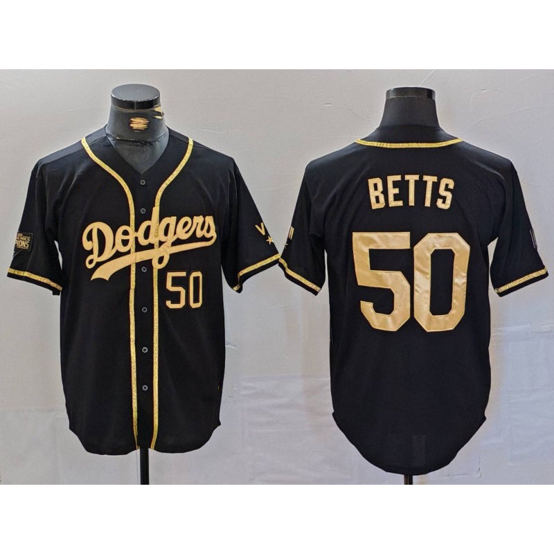 Los Angeles Dodgers #50 Mookie Betts Number Black Gold MWATKINS World Series Champions Cool Base Stitched Jersey