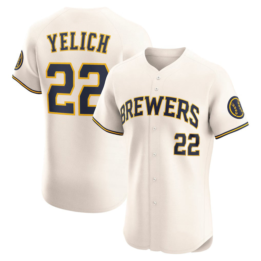 Milwaukee Brewers #22 Christian Yelich Cream MWATKINS Home Elite Player Jersey