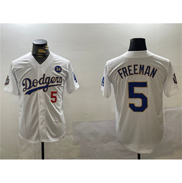 Los Angeles Dodgers #5 Freddie Freeman White Gold MWATKINS 2024 World Series With No. 34 Patch Home Limited Stitched Jersey