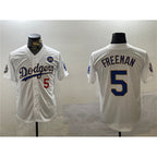 Los Angeles Dodgers #5 Freddie Freeman White Gold MWATKINS 2024 World Series With No. 34 Patch Home Limited Stitched Jersey
