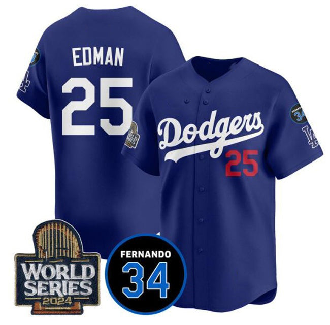 Los Angeles Dodgers #25 Tommy Edman Royal MWATKINS 2024 World Series With Fernando Memorial Patch Alternate Limited Stitched Jersey