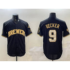 Milwaukee Brewers #9 Bob Uecker Black Gold MWATKINS With Home Patch Limited Stitched Jersey