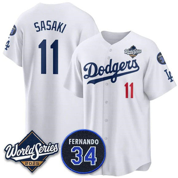 Los Angeles Dodgers #11 R¨­ki Sasaki White MWATKINS 2025 World Series With No. 34 Patch Limited Stitched Jersey