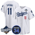 Los Angeles Dodgers #11 R¨­ki Sasaki White MWATKINS 2025 World Series With No. 34 Patch Limited Stitched Jersey
