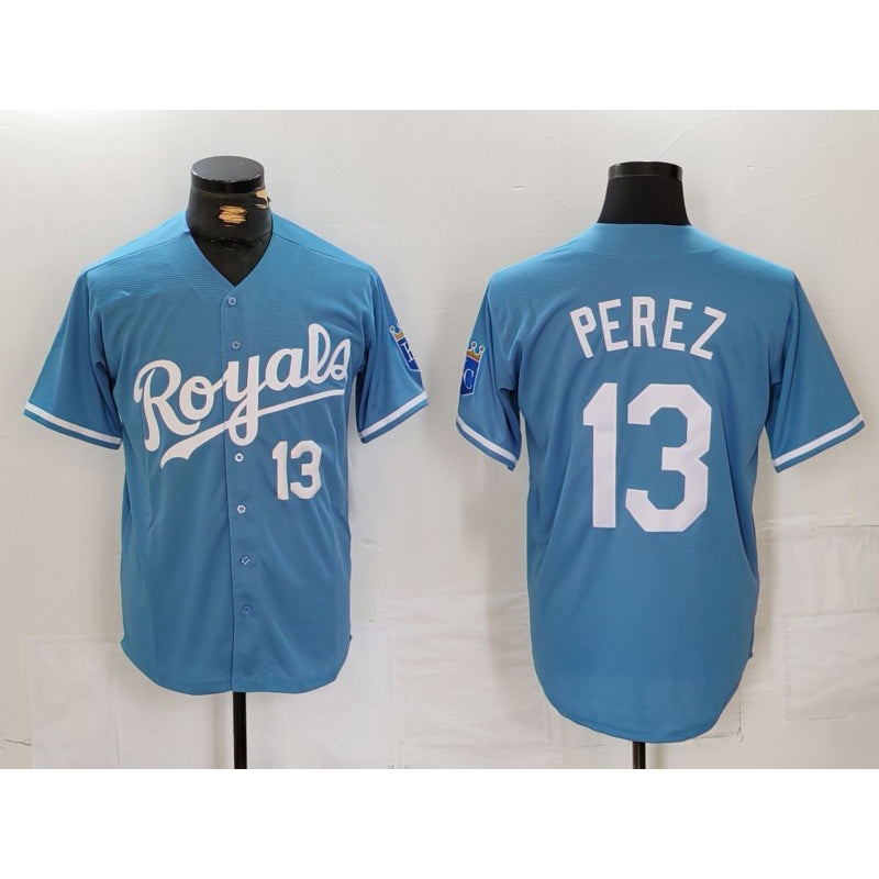 Kansas City Royals #13 Salvador Perez Number Light Blue MWATKINS Cool Base Stitched Jersey