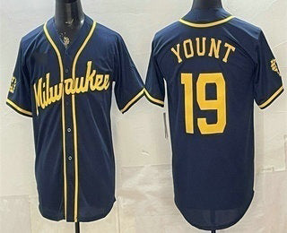 Milwaukee Brewers #19 Robin Yount Navy Blue MWATKINS Stitched Cool Base Jersey