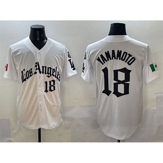 Los Angeles Dodgers #18 Yoshinobu Yamamoto White MWATKINS Mexico 2025 LA Gothic Style With Fernando Patch Vapor Premier Limited Stitched Jersey