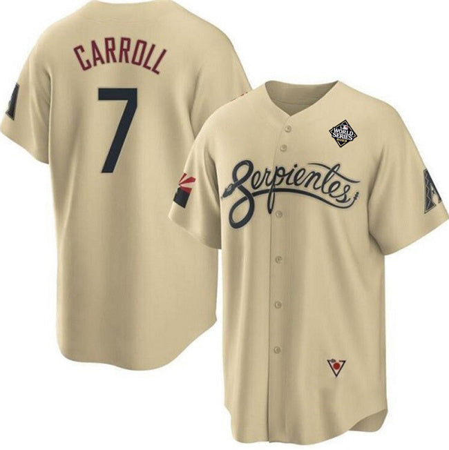 Arizona Diamondbacks #7 Corbin Carroll Gold MWATKINS 2023 World Series City Connect Cool Base Stitched Jersey