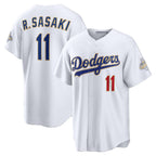 Los Angeles Dodgers #11 Roki Sasaki White MWATKINS 2026 Gold Collection Stadium Jersey
