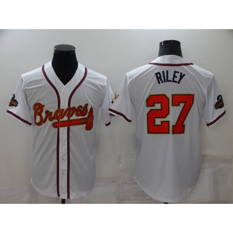 Atlanta Braves #27 Austin Riley 2022 White Gold MWATKINS World Series Champions Program Cool Base Stitched Jersey