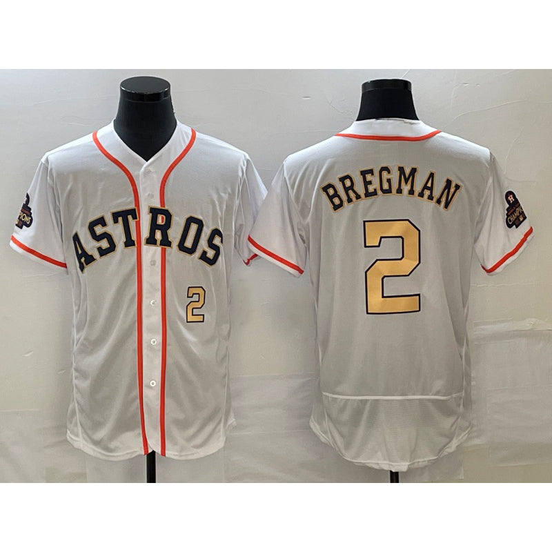 Houston Astros #2 Alex Bregman Number 2023 White Gold MWATKINS World Serise Champions Patch Flex Base Stitched Jersey