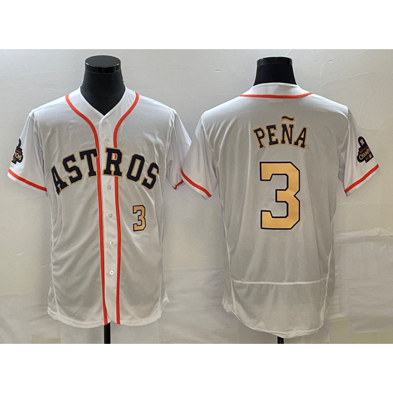 Houston Astros #3 Jeremy Pena Number 2023 White Gold MWATKINS World Serise Champions Patch Flex Base Stitched Jersey 2