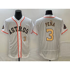 Houston Astros #3 Jeremy Pena Number 2023 White Gold MWATKINS World Serise Champions Patch Flex Base Stitched Jersey 2