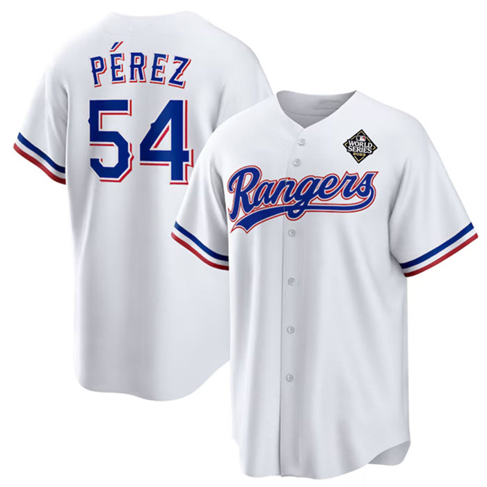 Texas Rangers #54 Mart¨ªn P¨¦rez White MWATKINS 2023 World Series Stitched Jersey