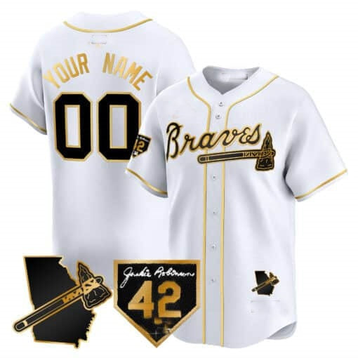 Custom Atlanta Braves 2024 Robinson & Georgia Patch Vapor Premier Limited Jersey ¨C White Gold MWATKINS