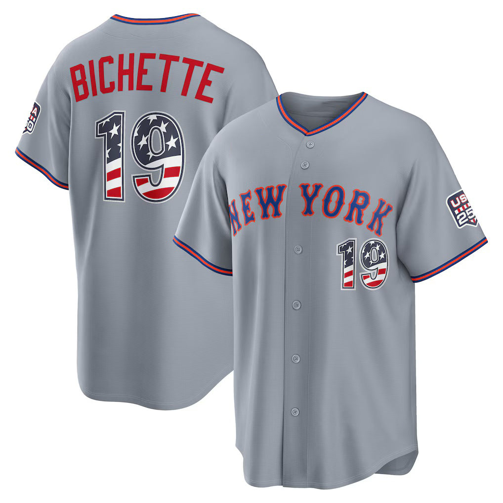 New York Mets #19 Bo Bichette USA 250 Fourth of July Road Stadium Jersey - Gray MWATKINS
