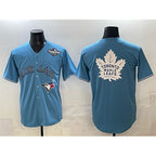 Toronto Blue Jays & Leafs Blue MWATKINS 2025 World Series With White Leafs Logo Cool Base Stitched Jersey