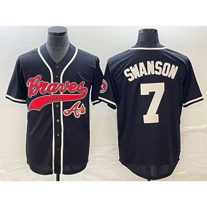 Atlanta Braves #7 Dansby Swanson Black MWATKINS Cool Base Stitched Jersey 2