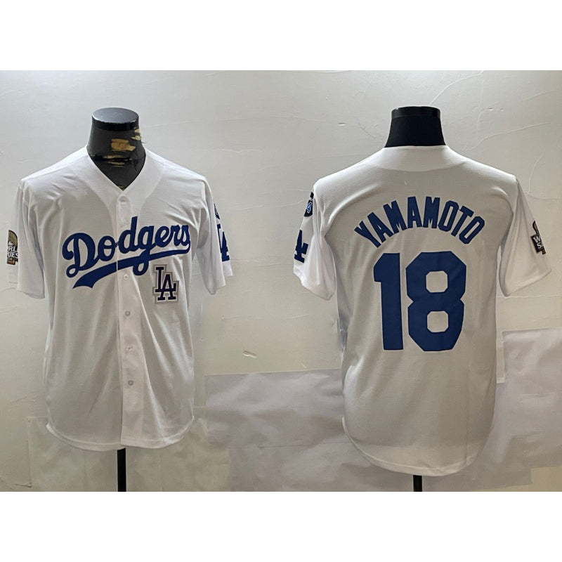 Los Angeles Dodgers #18 Yoshinobu Yamamoto White MWATKINS 2024 World Series With Fernando Memorial Patch Home Limited Stitched Jersey
