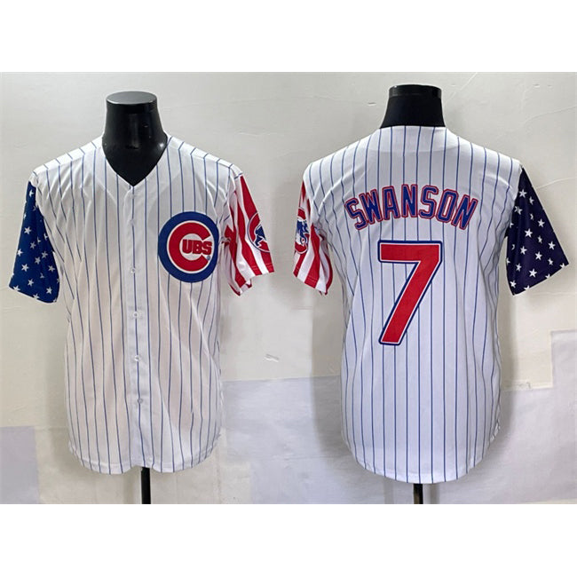 Chicago Cubs #7 Dansby Swanson White MWATKINS Pinstripe 2025 Independence Day Vapor Premier Limited Stitched Jersey