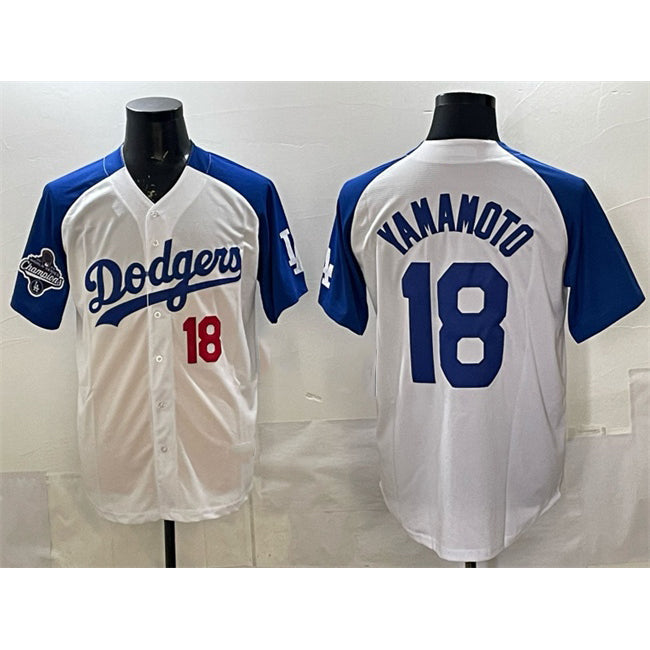 Los Angeles Dodgers #18 Yoshinobu Yamamoto White Royal MWATKINS 2025 World Series Champions Patch Limited Stitched Jersey