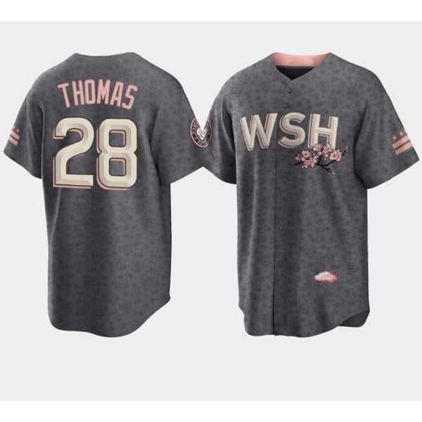 Washington Nationals #28 Lane Thomas 2022 Grey MWATKINS City Connect Cherry Blossom Cool Base Stitched Jersey