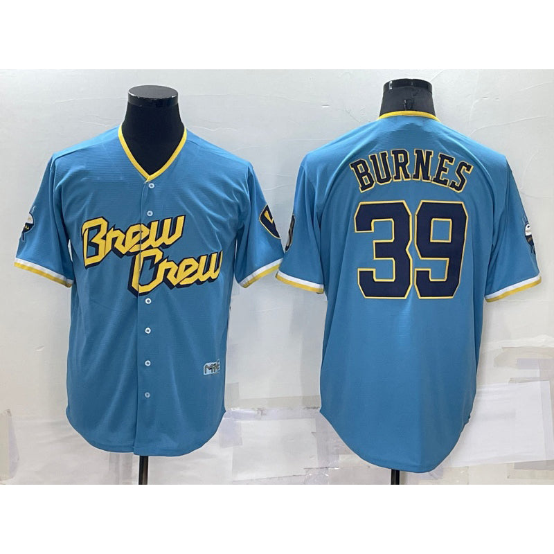 Milwaukee Brewers #39 Corbin Burnes Blue MWATKINS 2022 City Connect Cool Base Stitched Jersey