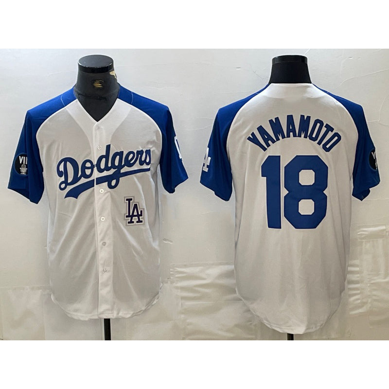 Los Angeles Dodgers #18 Yoshinobu Yamamoto White Blue MWATKINS Fashion Stitched Cool Base Limited Jersey 2