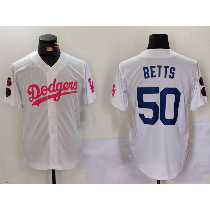 Los Angeles Dodgers #50 Mookie Betts White Pink MWATKINS Vin & Kobe Patch Stitched Jersey1