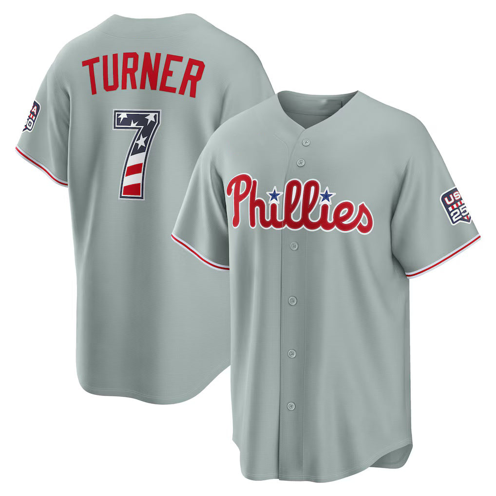 Philadelphia Phillies #7 Trea Turner USA 250 Fourth of July Road Stadium Jersey - Gray MWATKINS