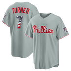 Philadelphia Phillies #7 Trea Turner USA 250 Fourth of July Road Stadium Jersey - Gray MWATKINS