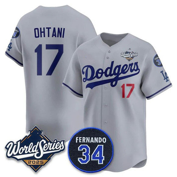 Los Angeles Dodgers #17 Shohei Ohtani Gray MWATKINS 2025 World Series With No. 34 Patch Limited Stitched Jersey